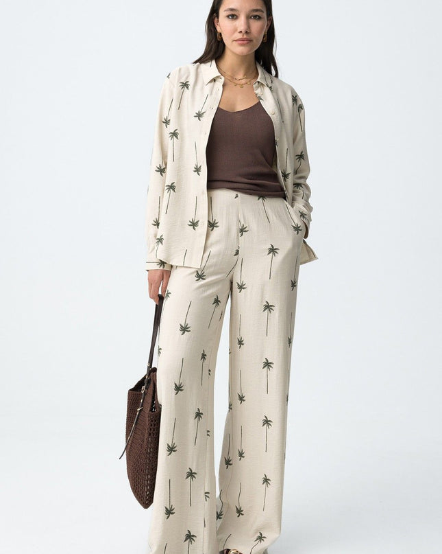 ‘Palmeira’ Natural Linen Look Trouser - Palm Trees