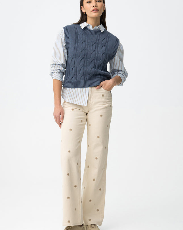 'Bonnye' Wide Leg Floral Jeans - Beige