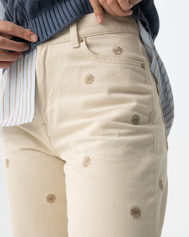 'Bonnye' Wide Leg Floral Jeans - Beige