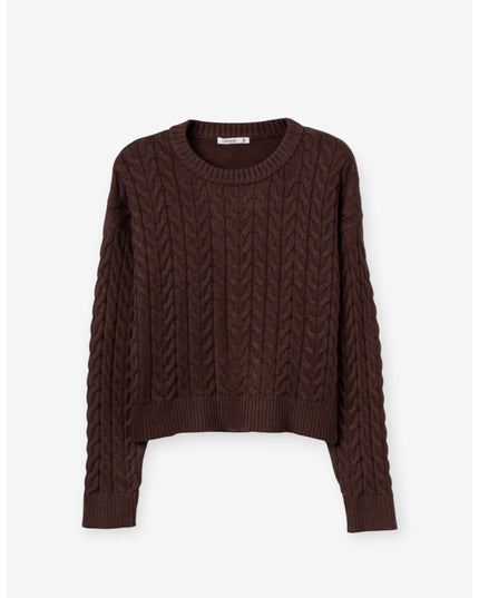 'Una' Cable Knit Cropped Jumper - Chocolate Brown