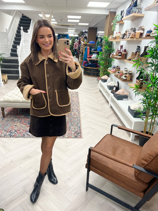 Layla Bouclé Jacket with Corduroy Collar - Chocolate