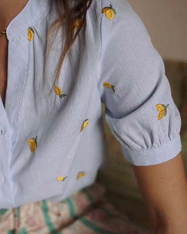Dina Lemon Embroidered Short Sleeve Blouse - Blue