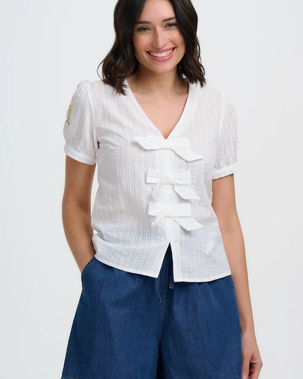 Adaline Bow Top - Off-White, Folk Floral
