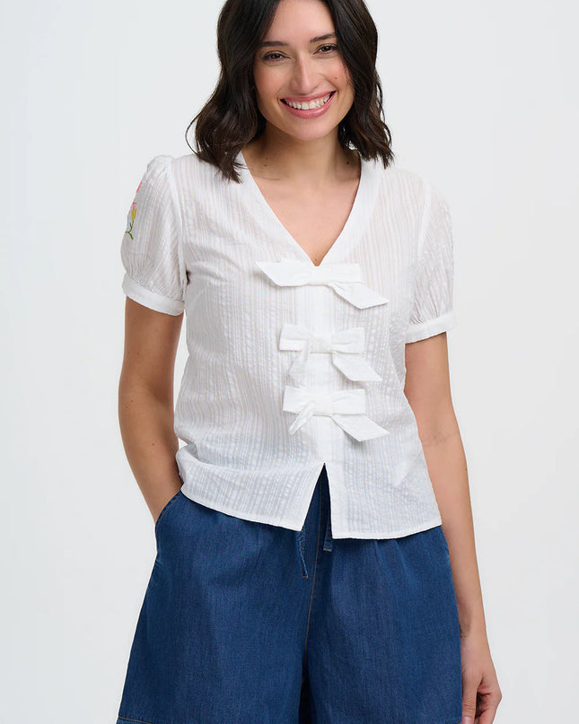 Adaline Bow Top - Off-White, Folk Floral