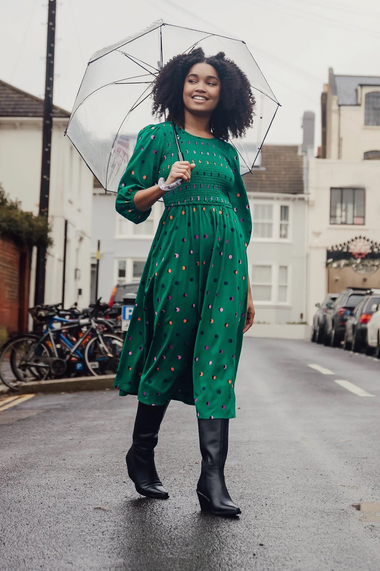 Sugarhill Brighton - Gretel Shirred Midi Dress - Green, Rainbow Shadow Polka