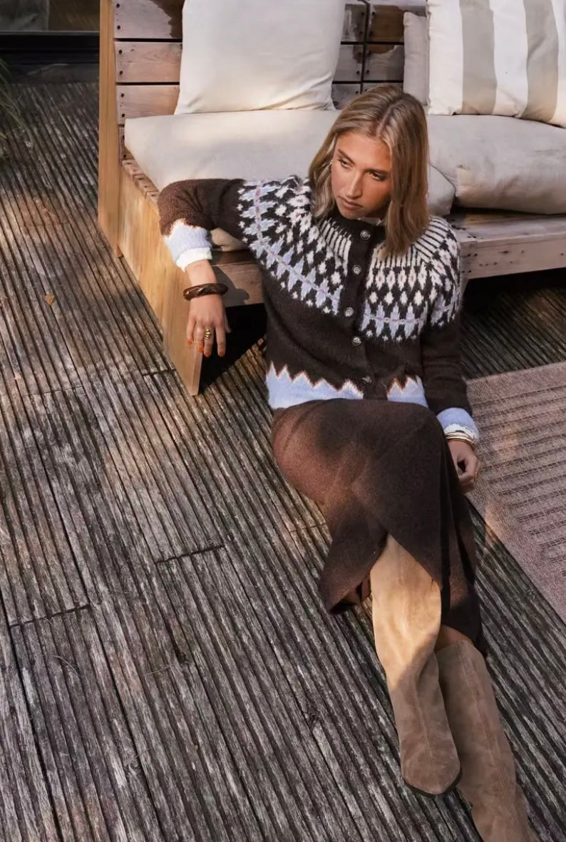Lexie Nordic Jaquard Cardigan - Chocolate