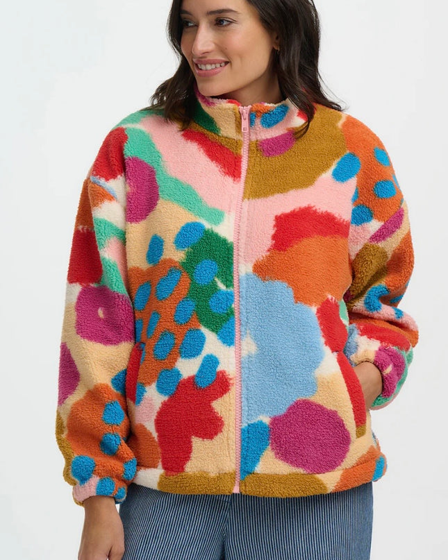 Hartley Zip Up Fleece - Off White/Multi, Abstract Floral