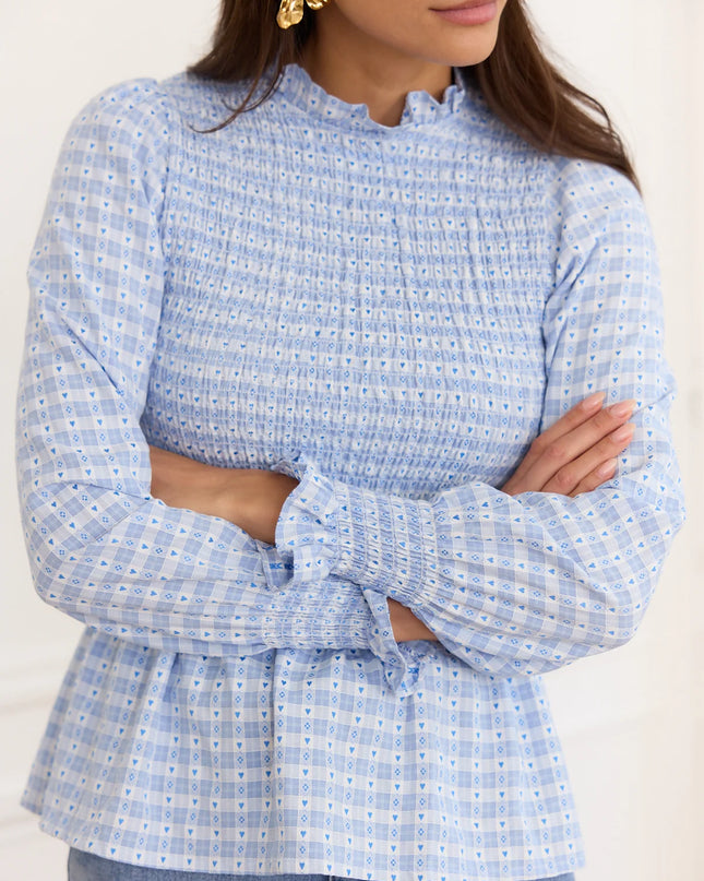 Margot Smocked Geometric Blouse - Blue