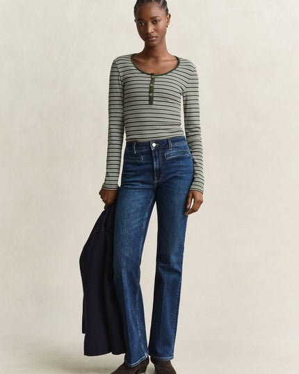Ribbed Long Sleeve Henley Top - Mossy Green