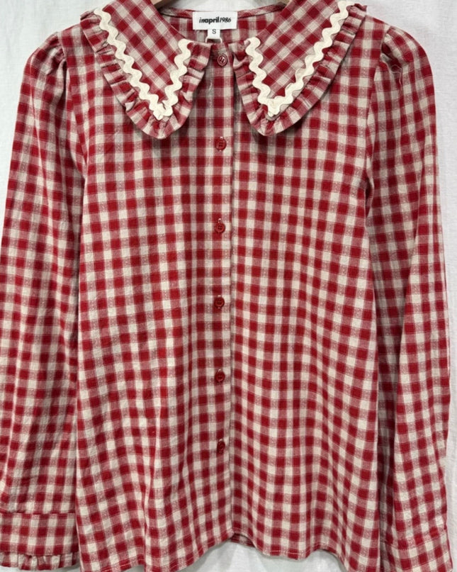 Camille Gingham Collared Blouse - Burgundy
