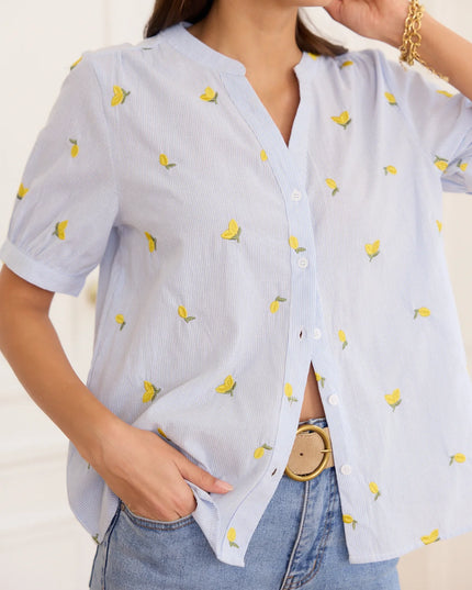 Dina Lemon Embroidered Short Sleeve Blouse - Blue