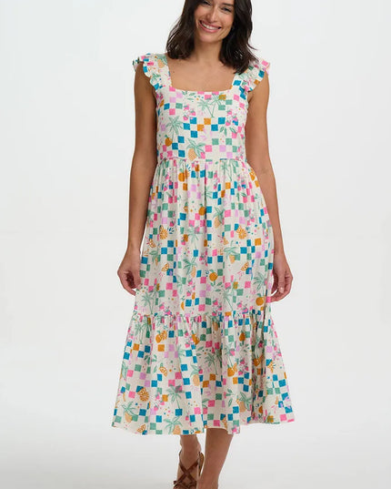 Estelle Shirred Sundress - Off White, Fruit Checkerboard