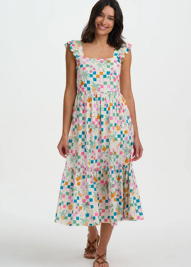 Estelle Shirred Sundress - Off White, Fruit Checkerboard