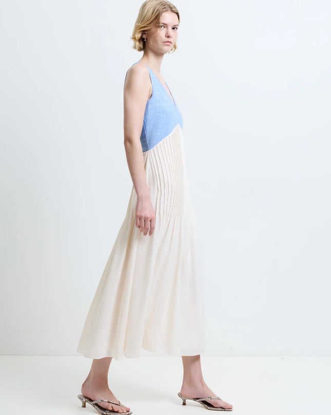 Colby Chambray Pleat Mix Dress - Porcelain