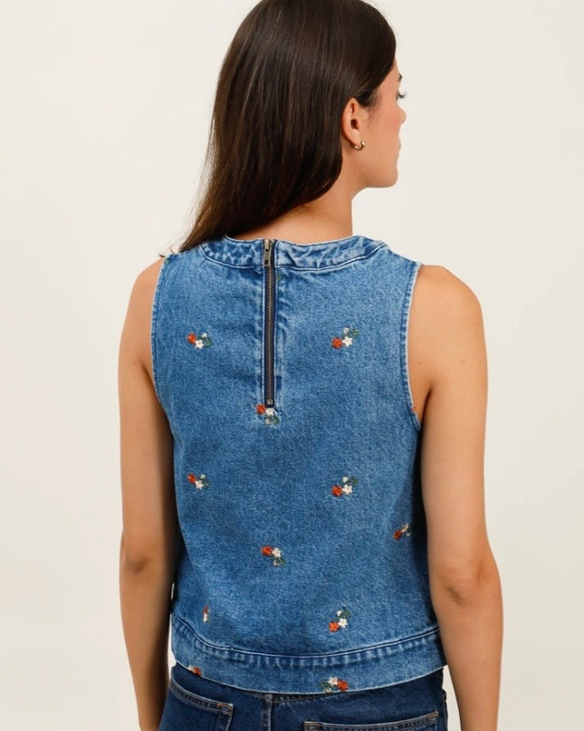 Isla Embroidered Denim Tank Top