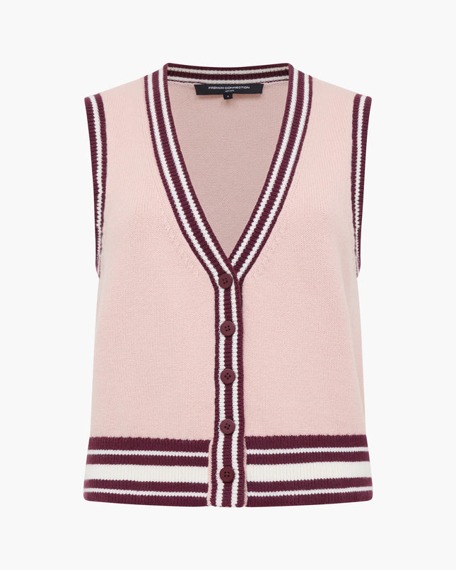 Junie Knit Button Through Vest - Berry Red/Powder Pink