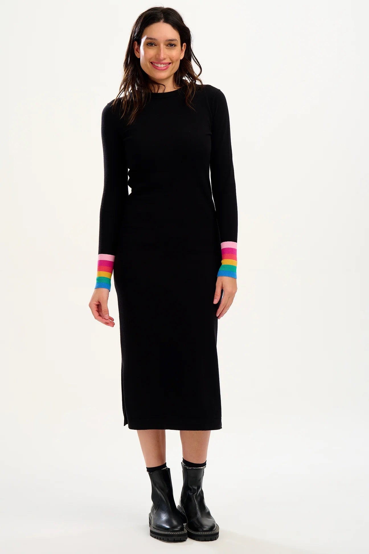 Sugarhill Brighton - Liselle Midi Knit Dress - Black, Rainbow Stripe Cuffs