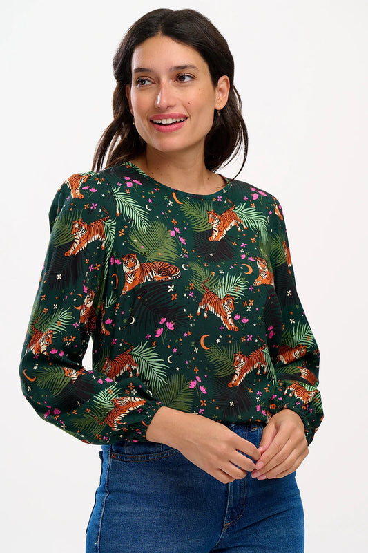 Sugarhill Brighton - Elaina Blouse - Dark Green, Tigers & Palms