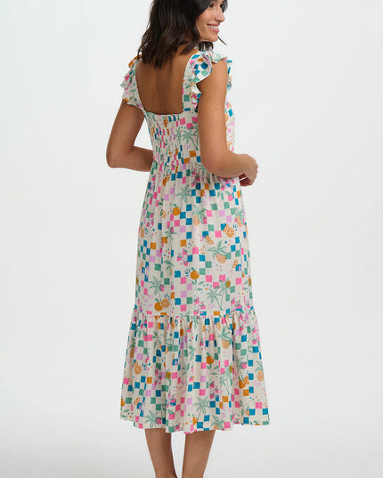 Estelle Shirred Sundress - Off White, Fruit Checkerboard