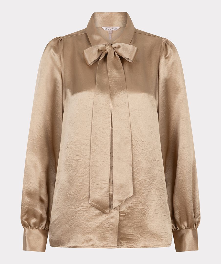 EsQualo - Crushed Satin Bow Blouse - Light Sand