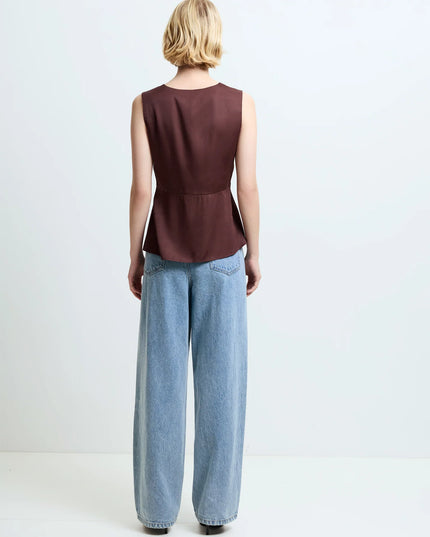 Candice Satin Bow Tie Top - Espresso Brown