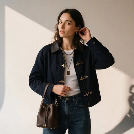 Colette Trench Coat with Leather Collar - Navy
