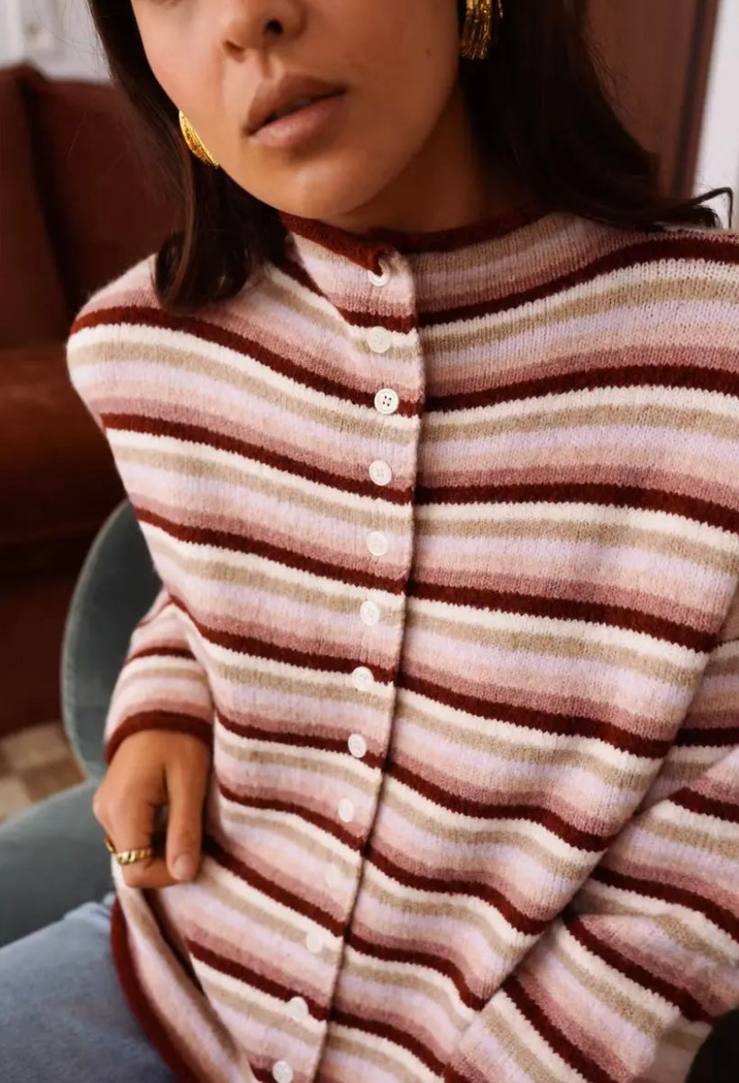 Anna Retro Stripe High Neck Cardigan - Burgundy