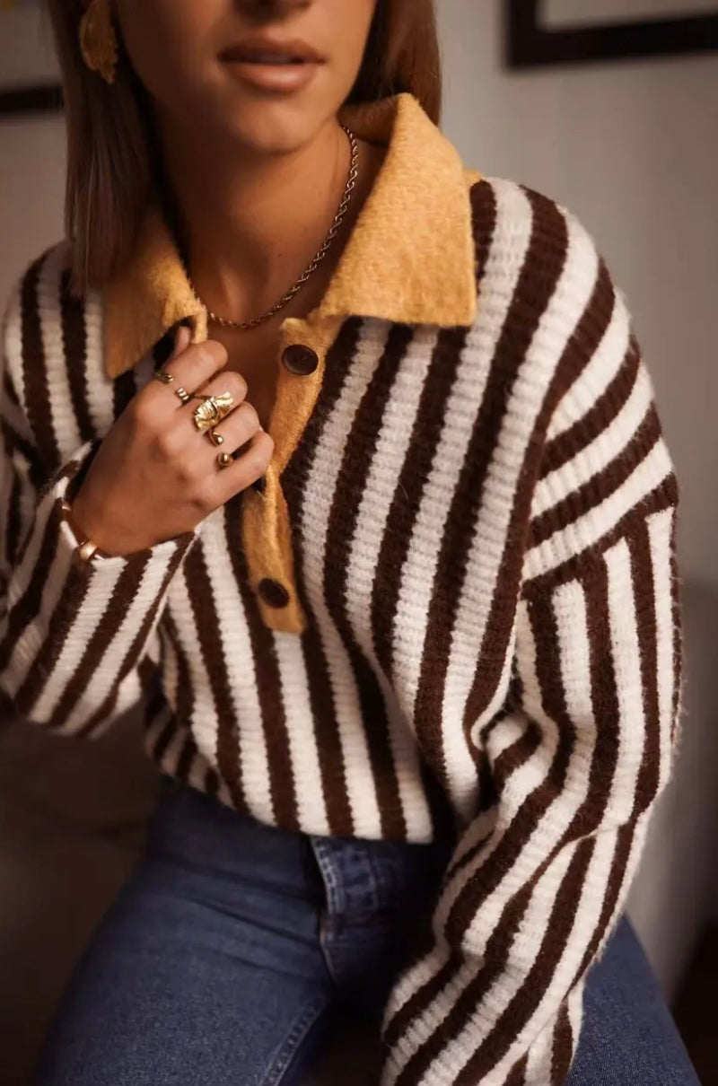 Rachel Retro Chunky Knit Polo - Chocolate/Yellow