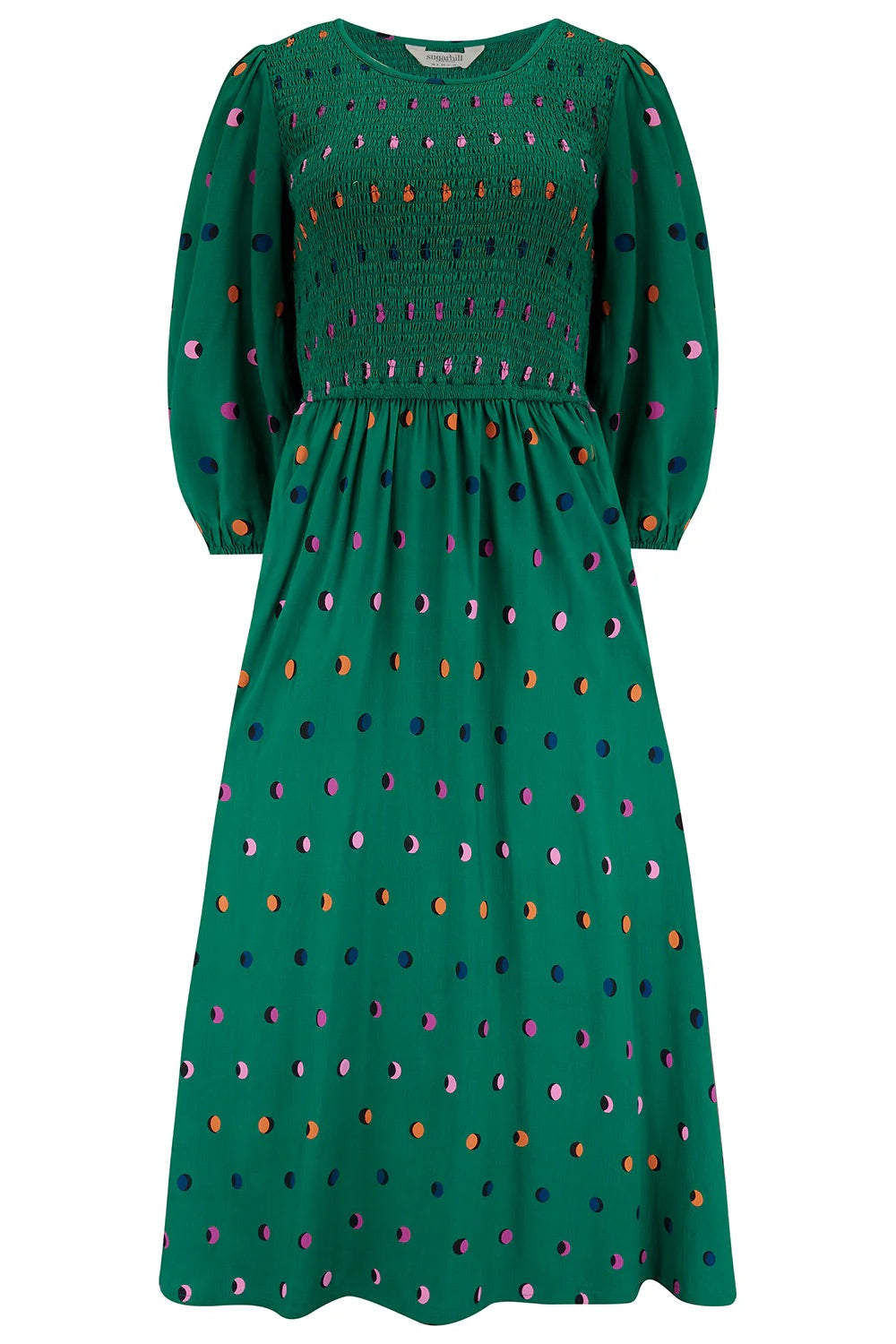 Sugarhill Brighton - Gretel Shirred Midi Dress - Green, Rainbow Shadow Polka