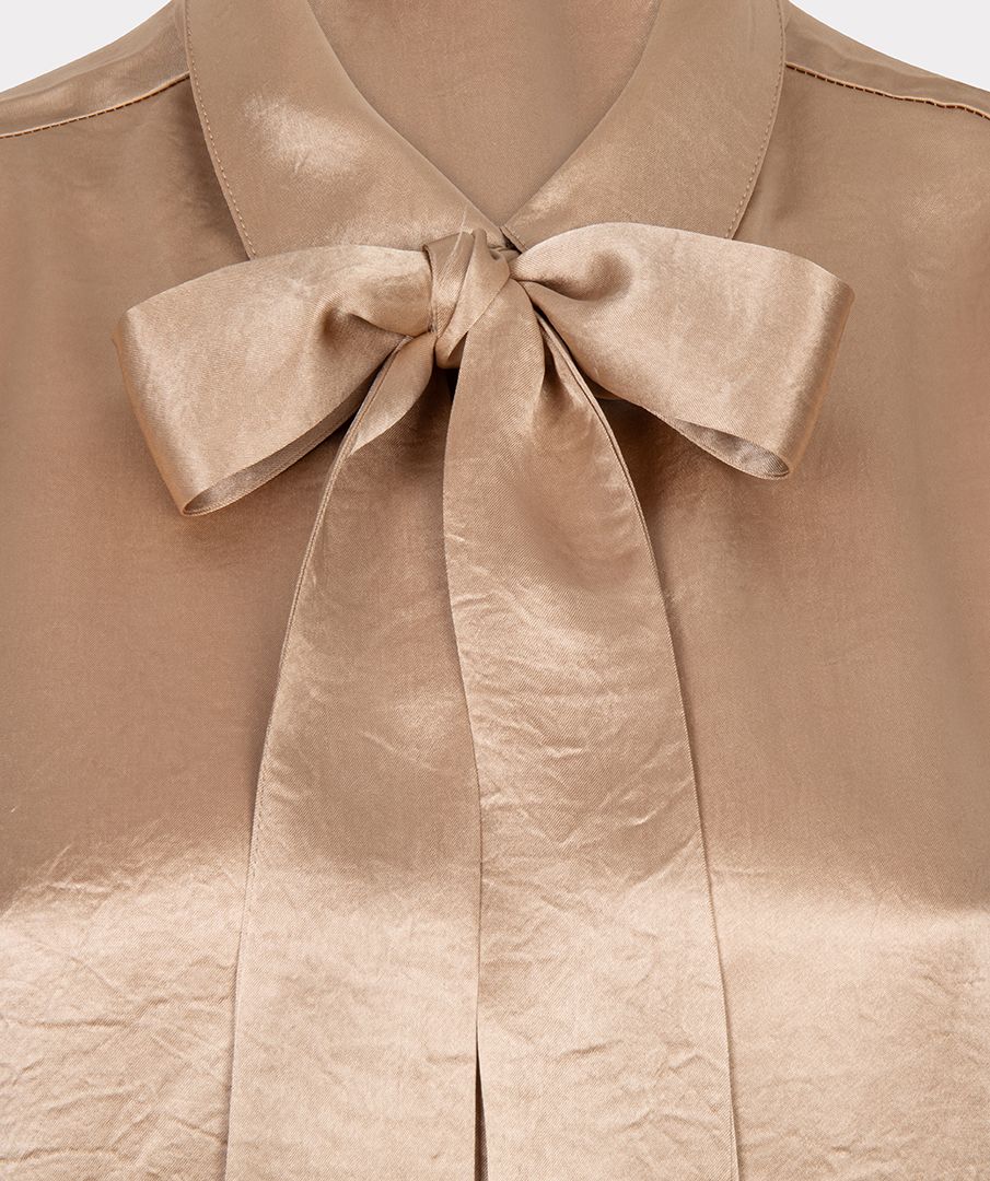 EsQualo - Crushed Satin Bow Blouse - Light Sand