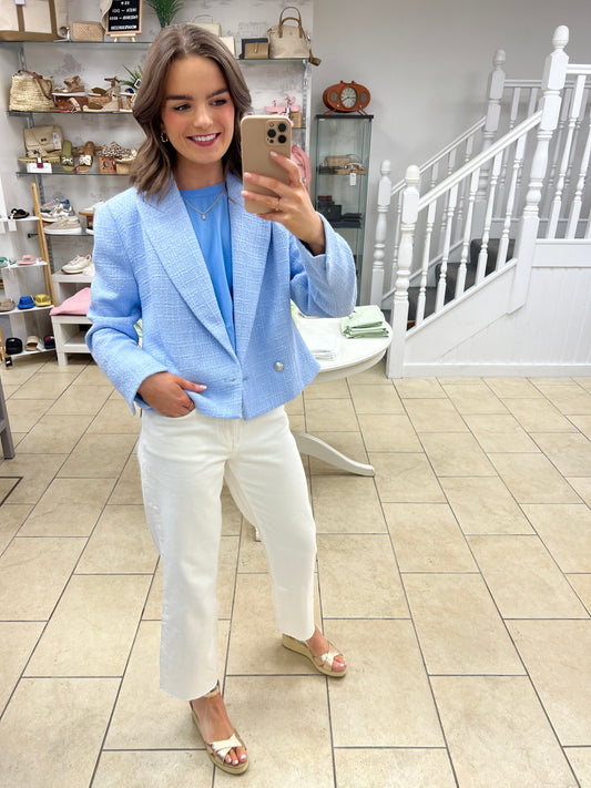EsQualo - Double Breasted Tweed Blazer - Sky Blue