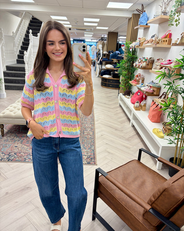 Maya Short Sleeve Open Knit Cardigan - Pink