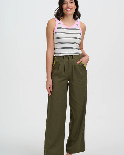 Lois Wide Leg Trousers - Olive, Decorative Stitch
