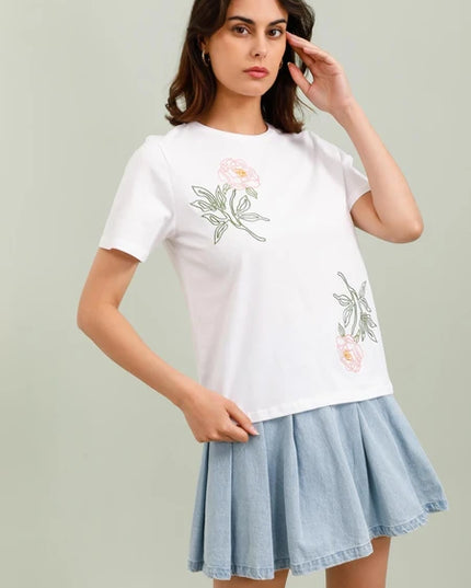 Flora Embroidered Regular Tee - White