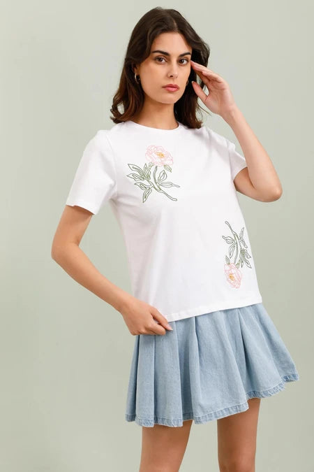 Flora Embroidered Regular Tee - White
