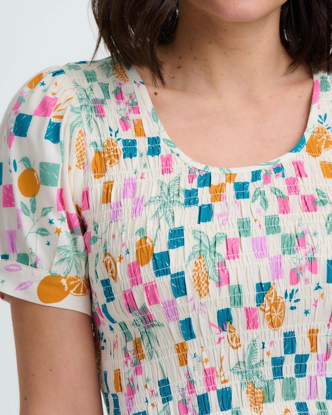Molly Shirred Top - Off White, Fruit Checkerboard