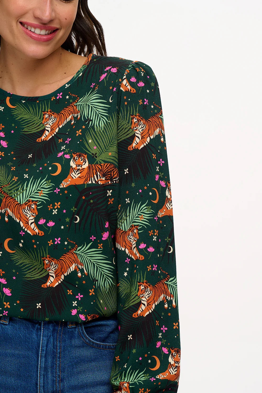 Sugarhill Brighton - Elaina Blouse - Dark Green, Tigers & Palms