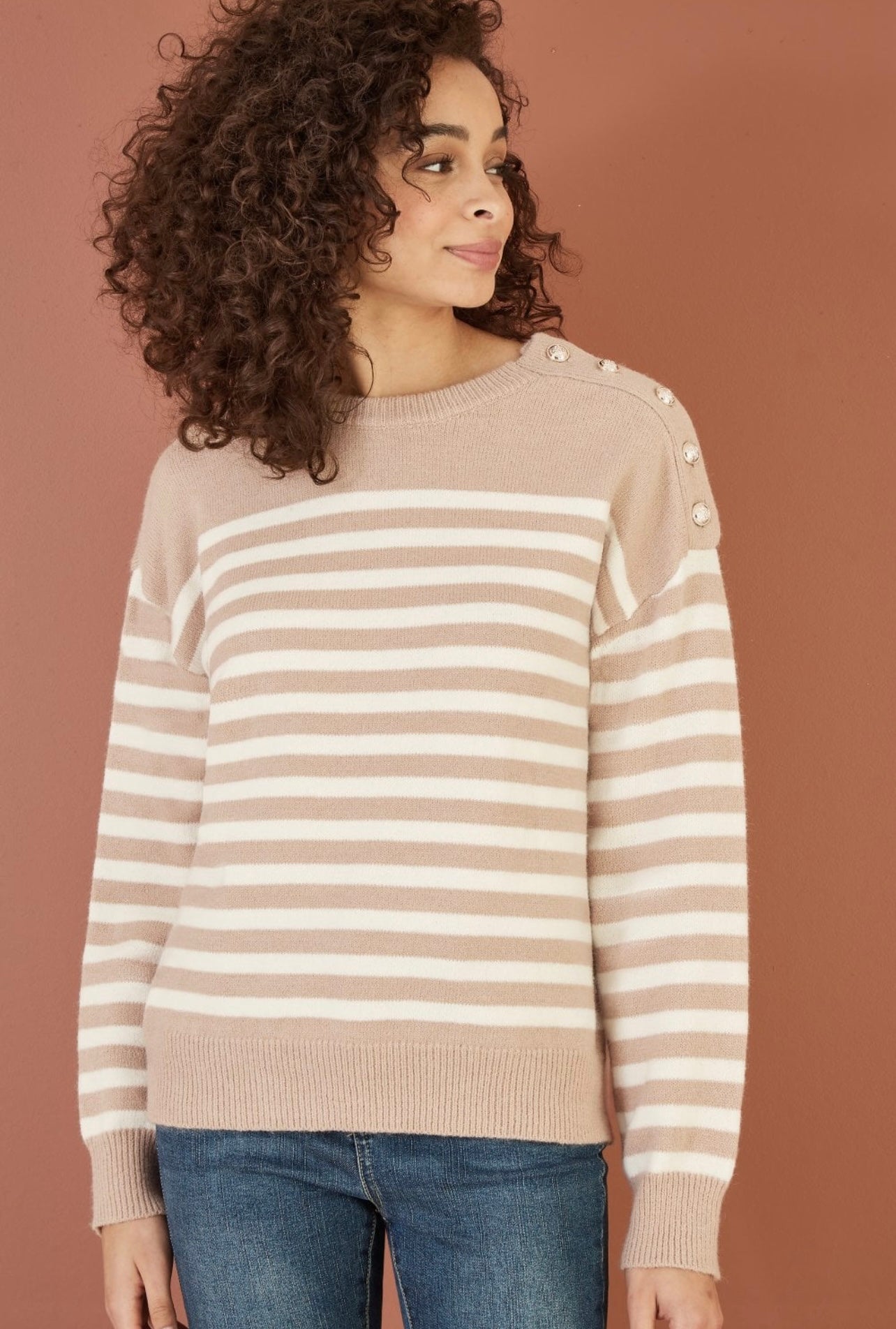 Yumi - Stripe Knitted Relaxed Jumper With Button Details - Beige