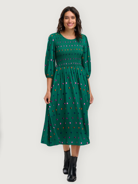 Sugarhill Brighton - Gretel Shirred Midi Dress - Green, Rainbow Shadow Polka