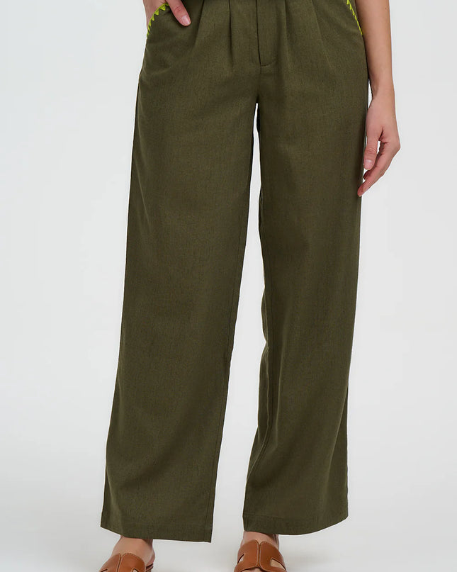Lois Wide Leg Trousers - Olive, Decorative Stitch