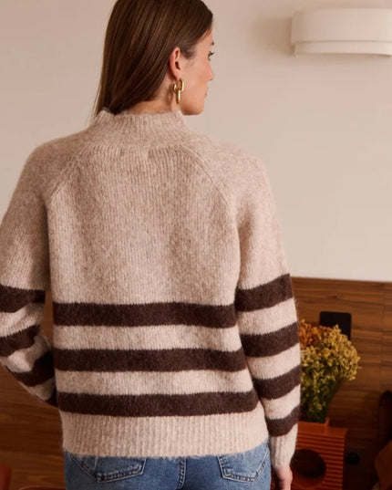 Mia Half Zip Sweater with Contrasting Stripes - Taupe/Brown