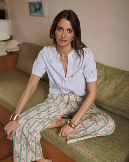 Dina Lemon Embroidered Short Sleeve Blouse - Blue