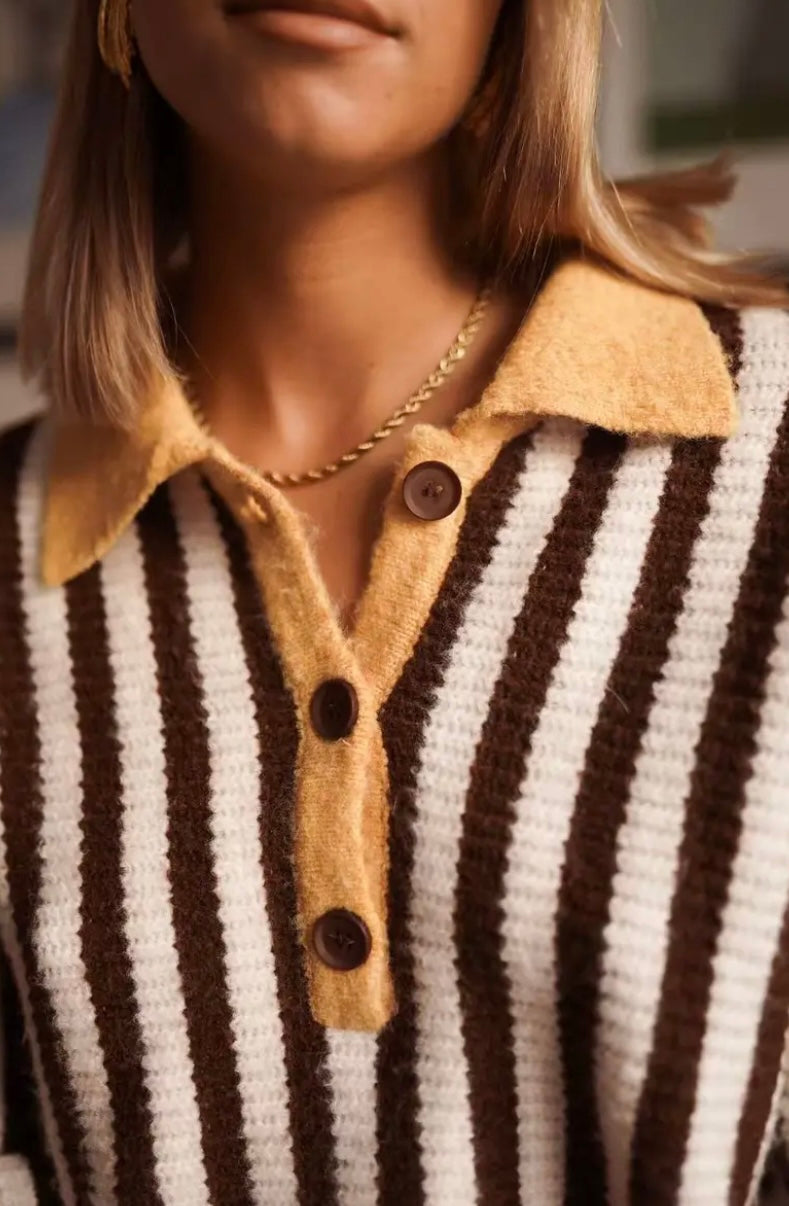 Rachel Retro Chunky Knit Polo - Chocolate/Yellow