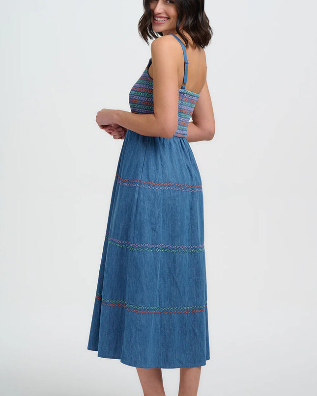 Murren Shirred Midi Dress - Washed Blue Denim