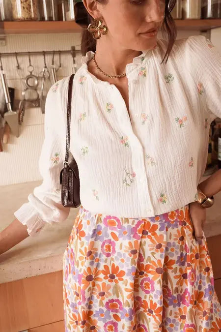 Lillie Gauze Floral Blouse - White