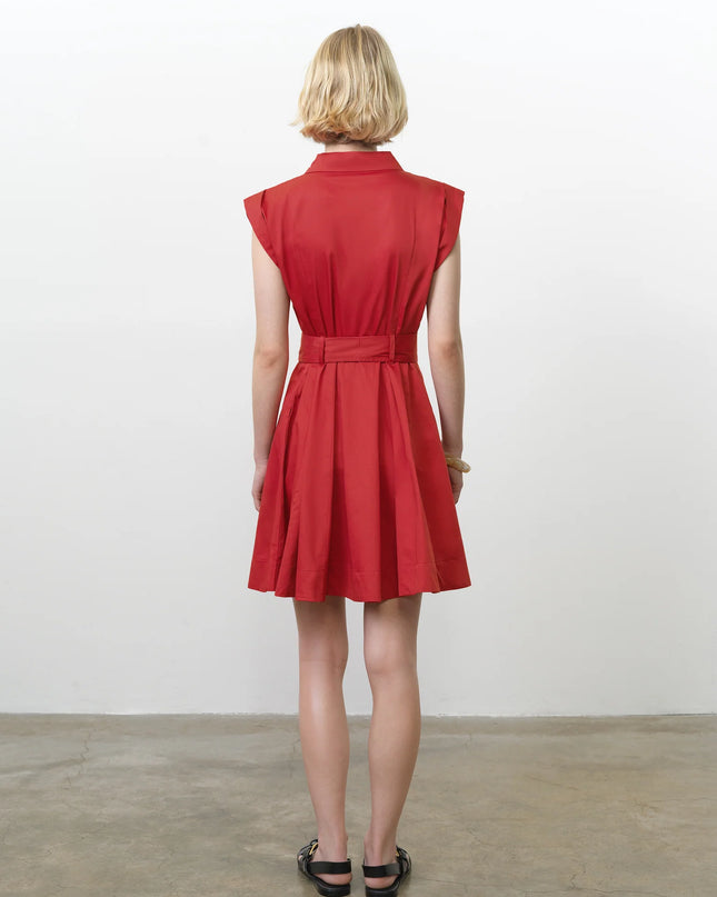 Alexis Cotton Belted Dress - Watermelon Red