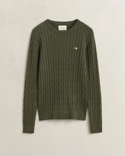 Stretch Cotton Cable Knit Crew Neck Sweater - Mossy Green
