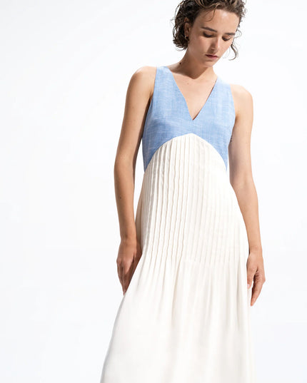 Colby Chambray Pleat Mix Dress - Porcelain