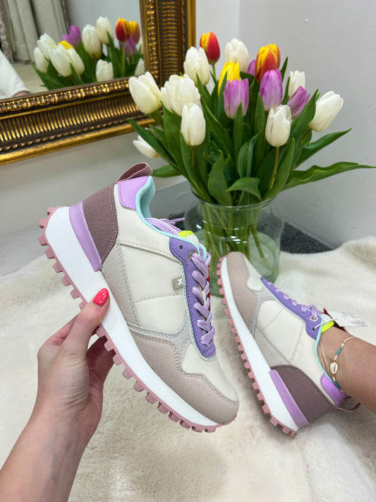 XTI Mixed Textile Lace Up Trainer - Lilac