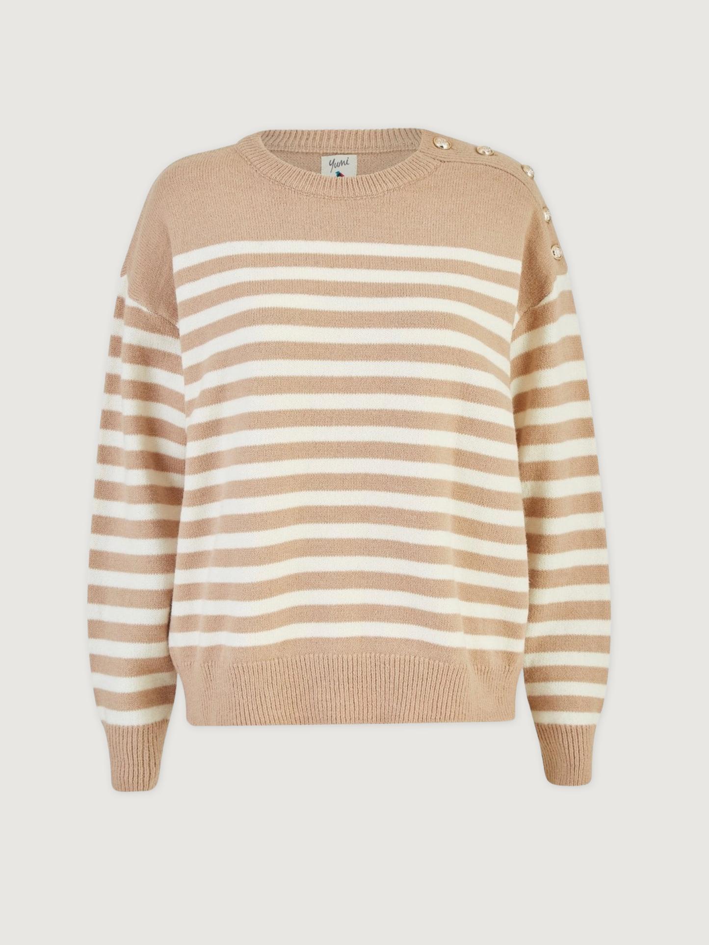 Yumi - Stripe Knitted Relaxed Jumper With Button Details - Beige